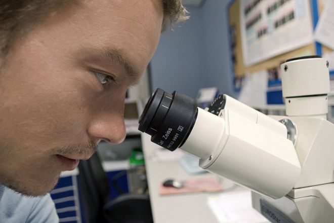 Scientist looking through a microsope